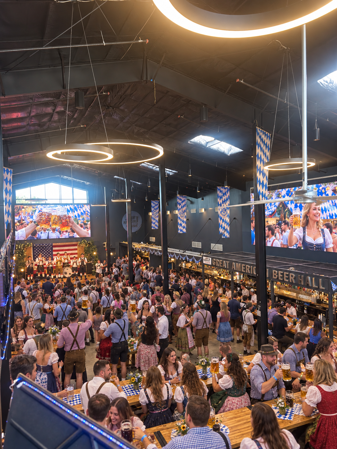 Oktoberfest promotional artwork showing a celebration inside the Great American Beer Hall